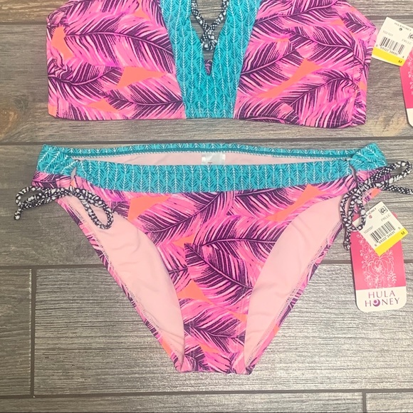 Small NWT Hula Honey Leaf Breeze Bikini Top & Bottoms Lace Up Front High Neck - Picture 6 of 13